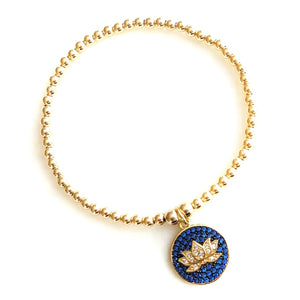 Gold Blue Lotus Dangle Charm Bracelet
